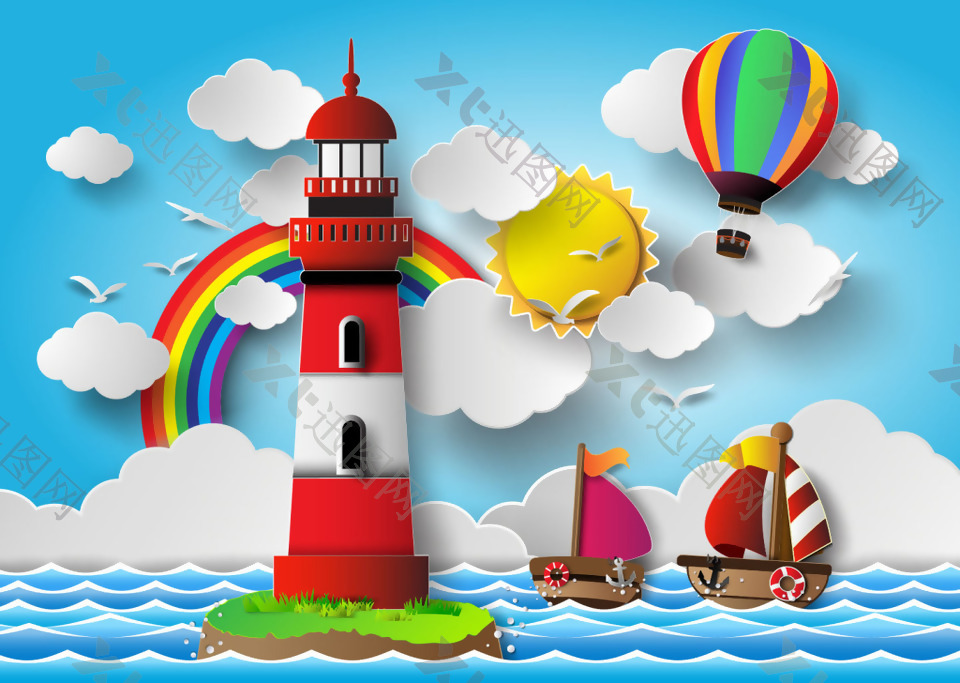 卡通大海上的灯塔和小船插画