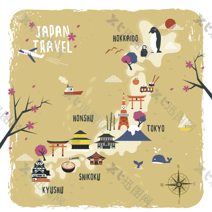 创意手绘日本旅行地图插画