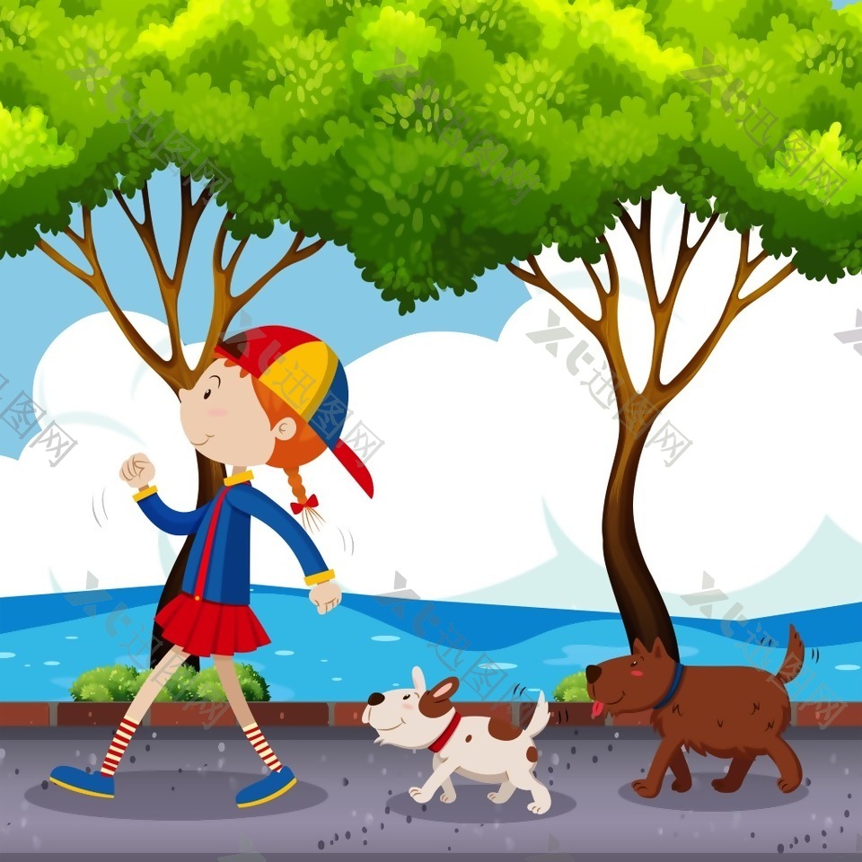 女孩和两只狗在街上散步插画