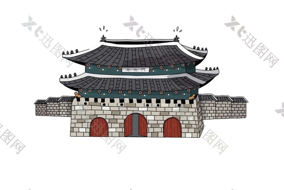 手绘中式城门楼元素
