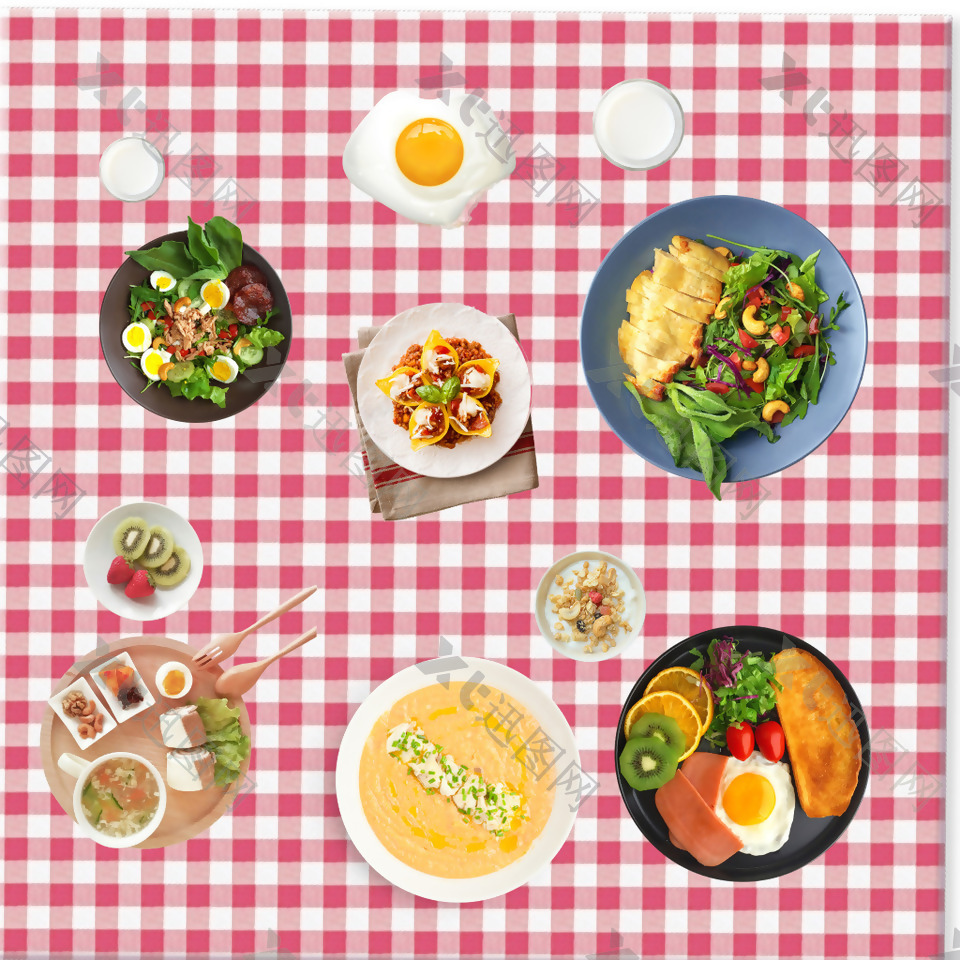 餐桌美食沙拉蔬菜俯视俯拍免抠PSD素材