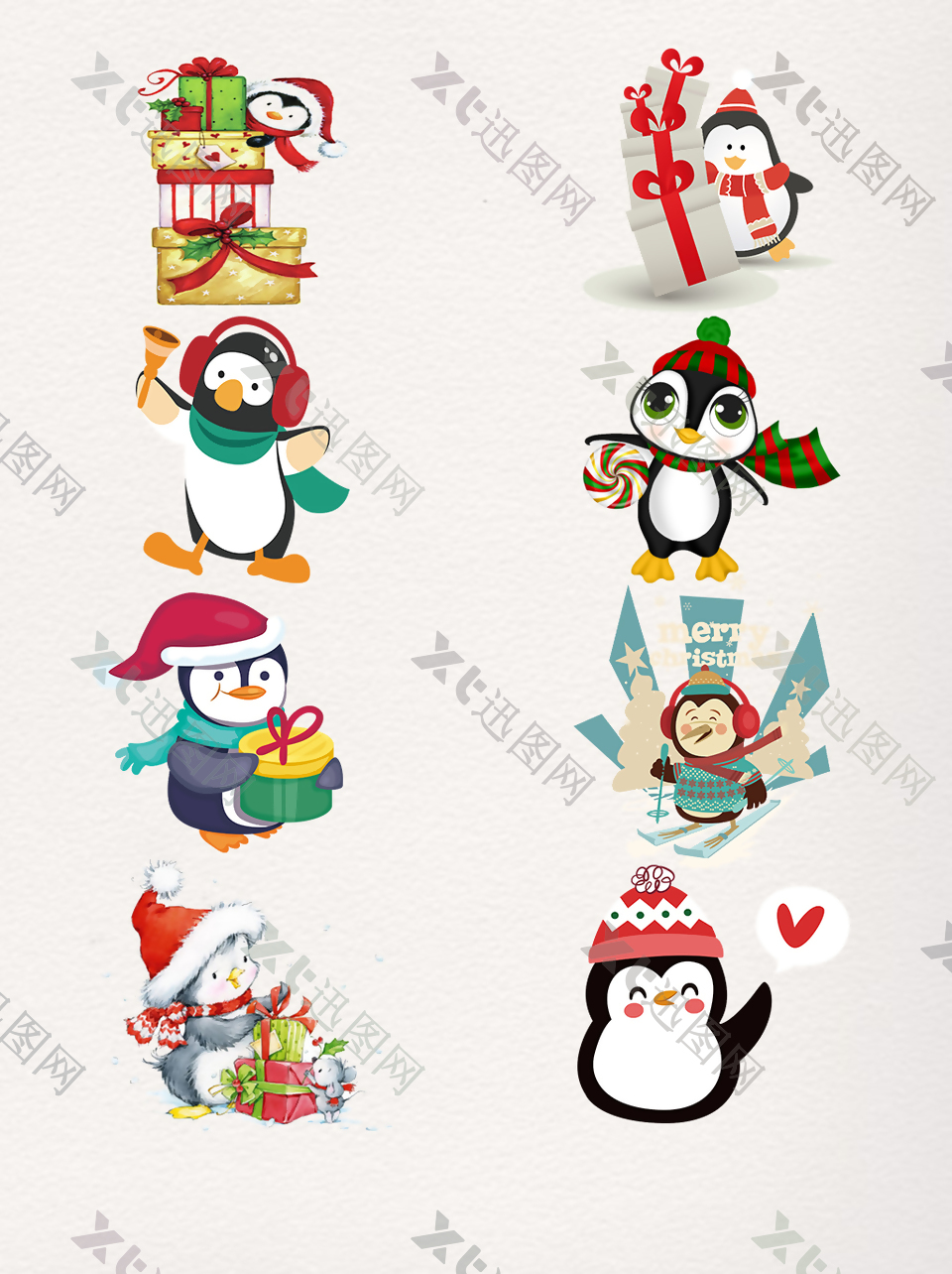 一组彩色圣诞节企鹅