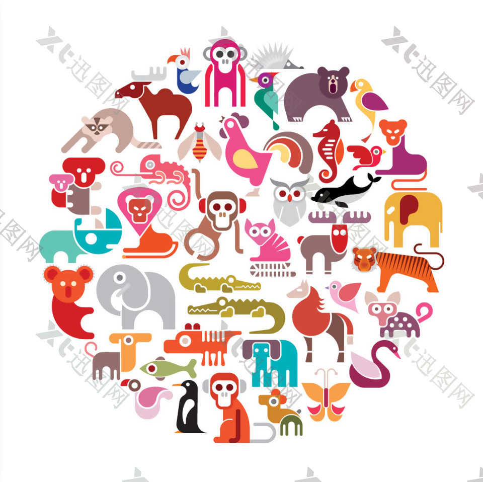 动物园扁平彩色动物图标集AI模版