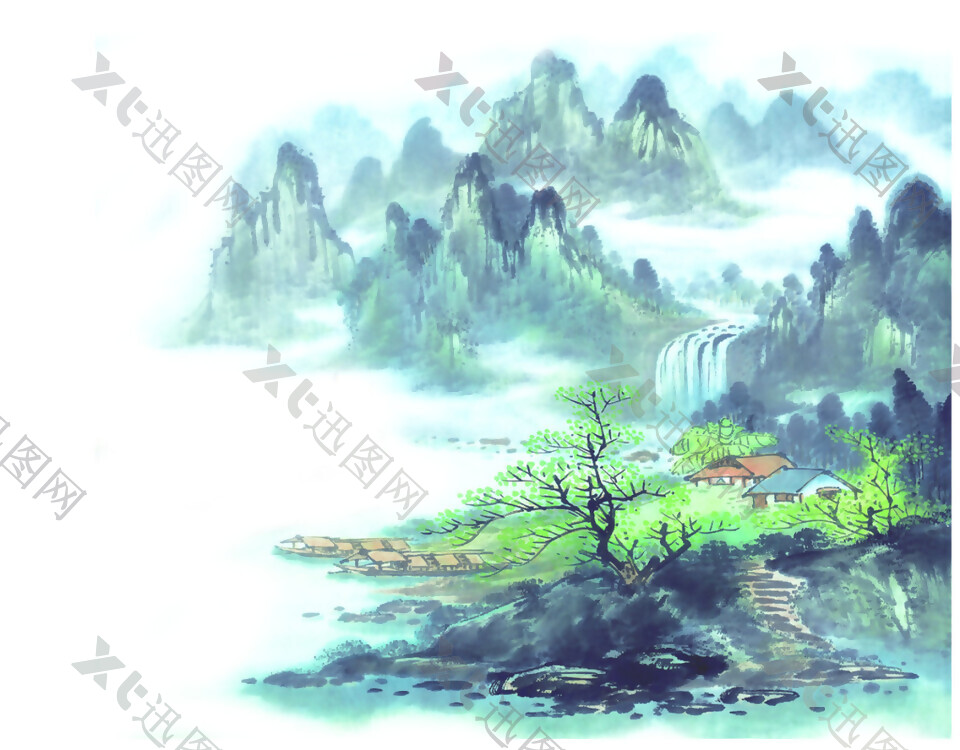 中国风蓝绿色山峰水墨山水装饰元素