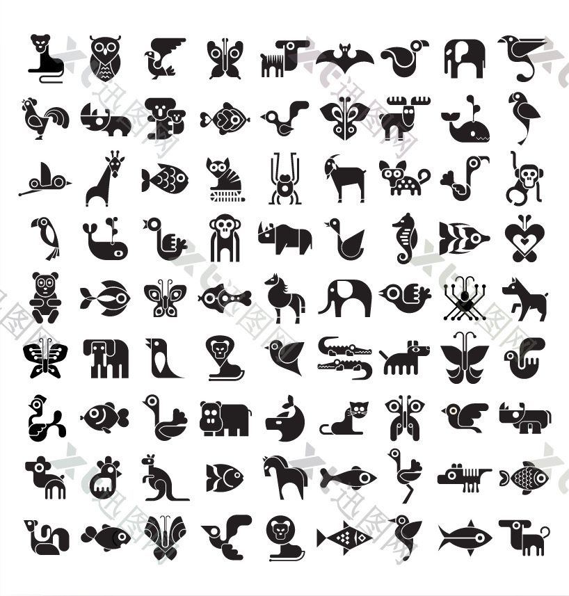黑白动物矢量图标集AI插画
