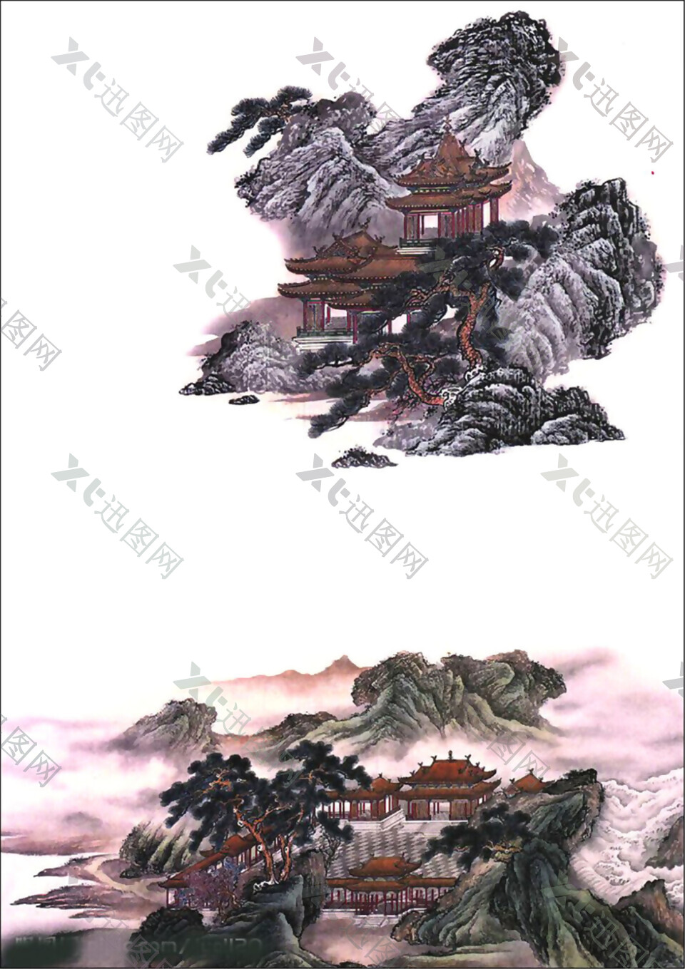 中国风紫色雾气水墨山水装饰元素