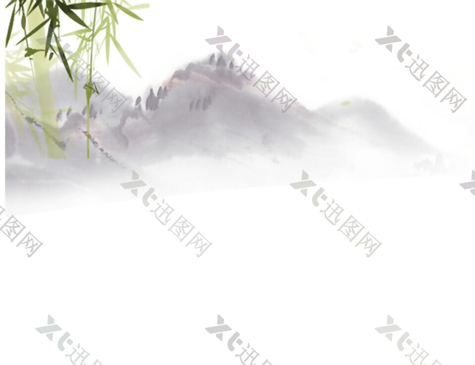 中国风淡绿色竹叶水墨山水装饰元素