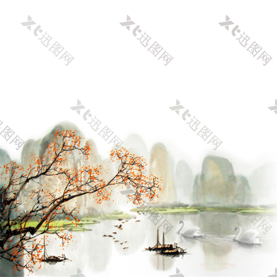 中国风橘色落叶水墨山水装饰元素