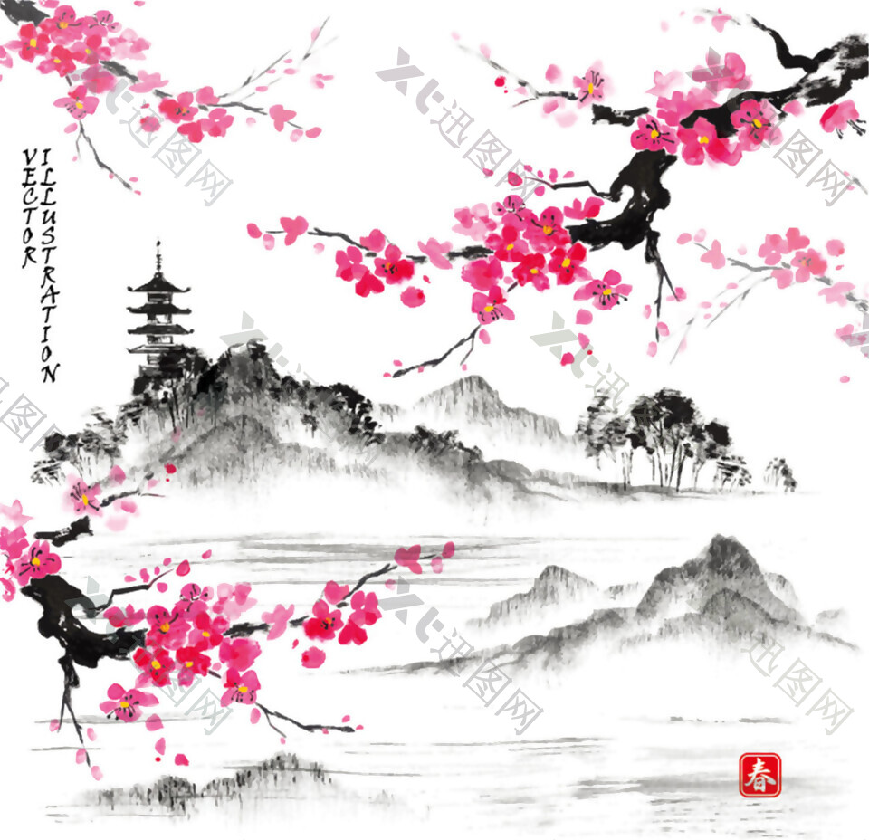中国风玫红色花朵水墨山水装饰元素