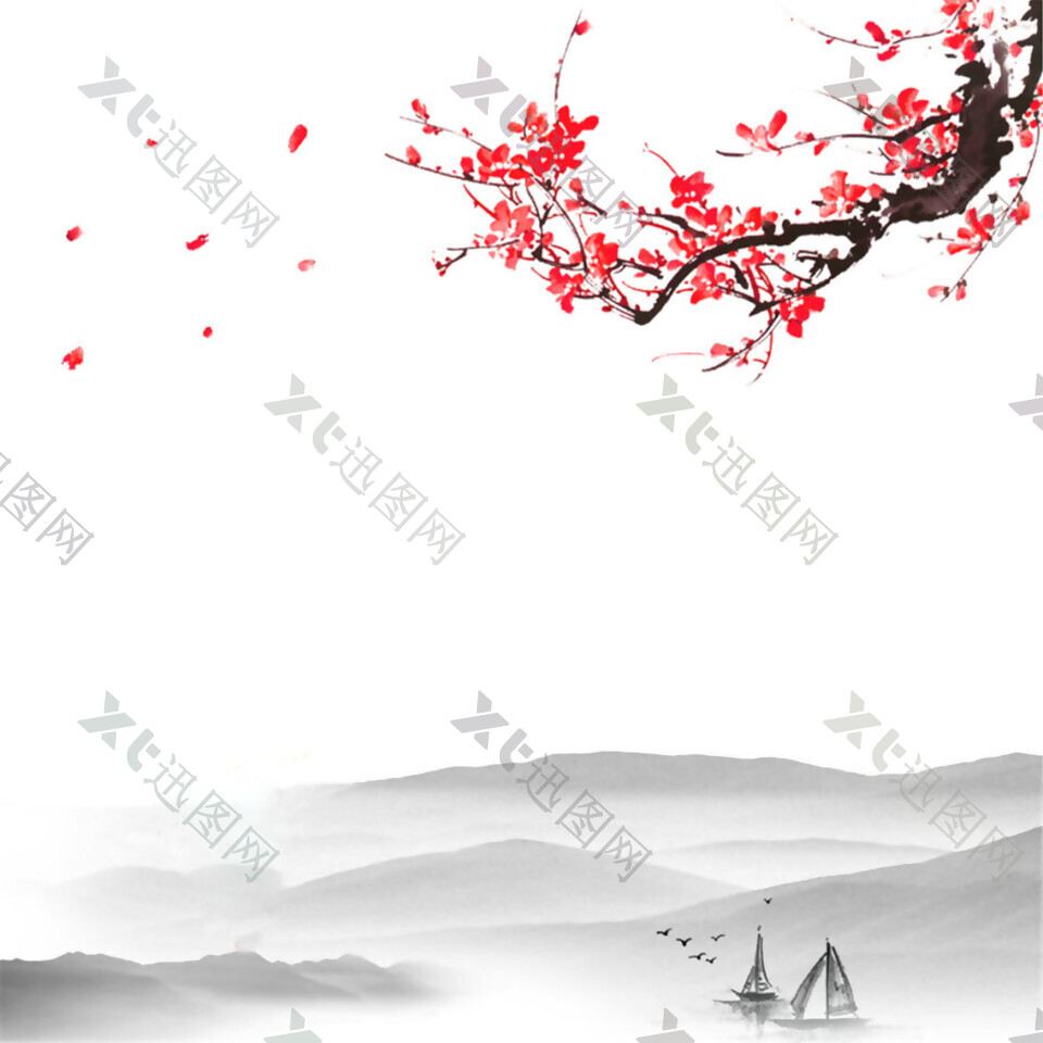 中国风艳红色梅花水墨山水装饰元素