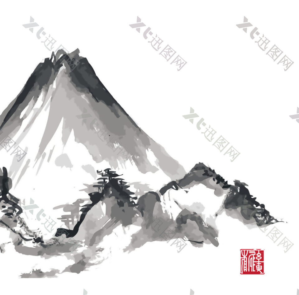 中国风高耸山峰水墨山水装饰元素