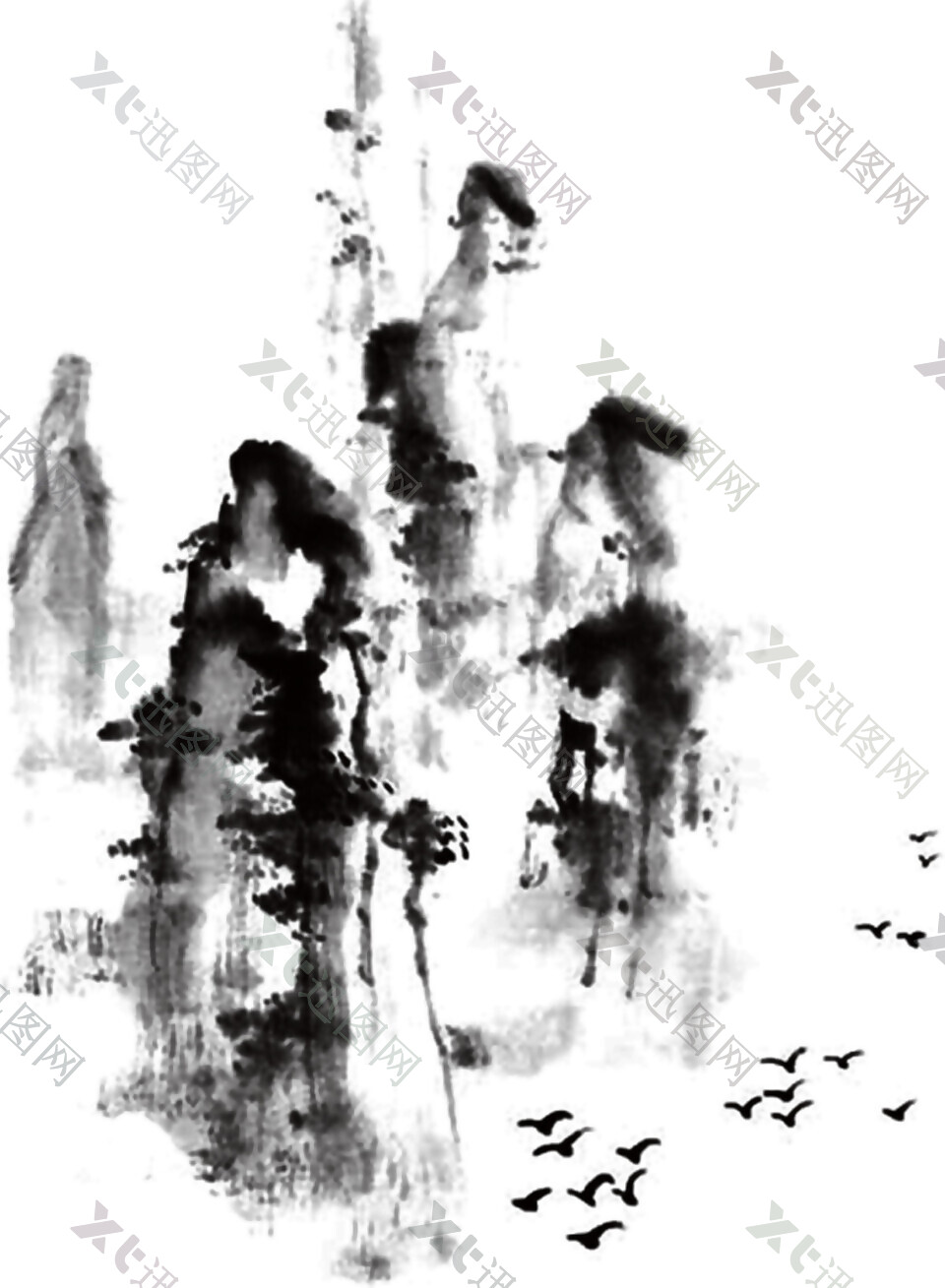 中国风黑色大树水墨山水装饰元素
