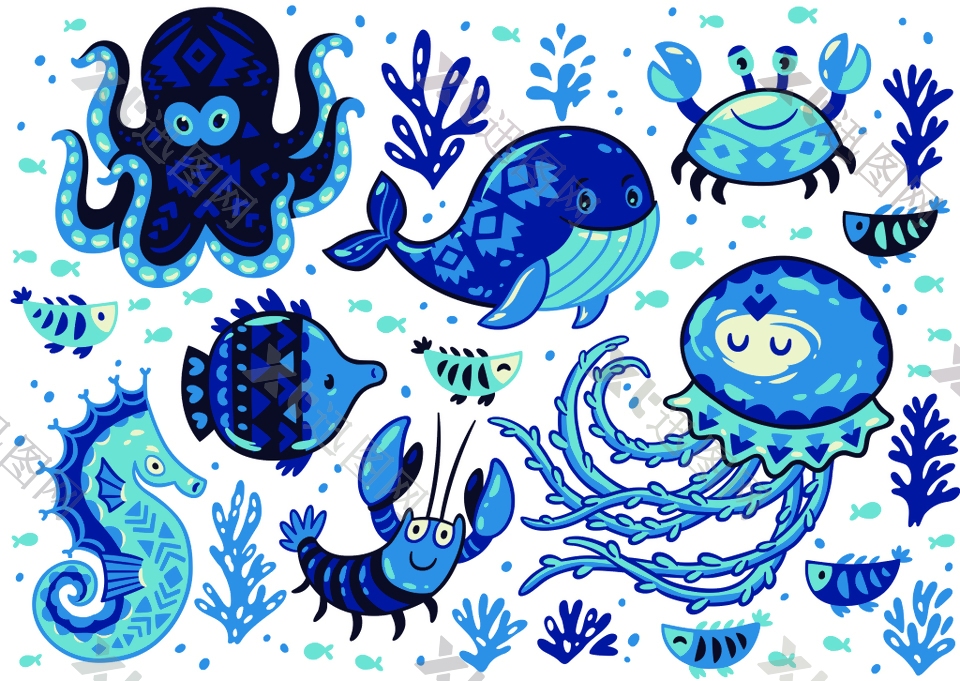 蓝色可爱卡通海洋动物插画