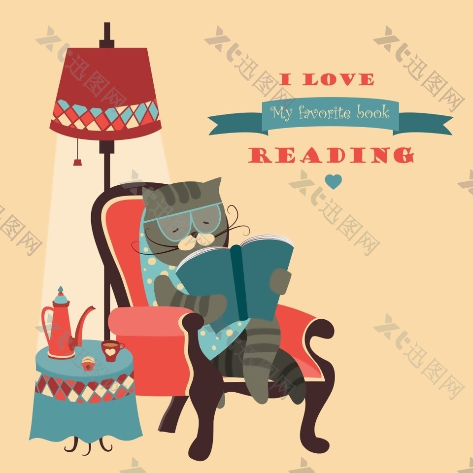 安静看书的小猫插画