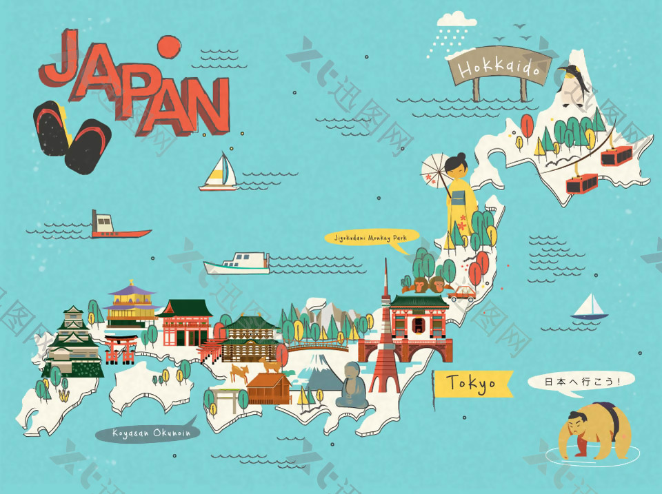 卡通手绘特色日本旅行插画