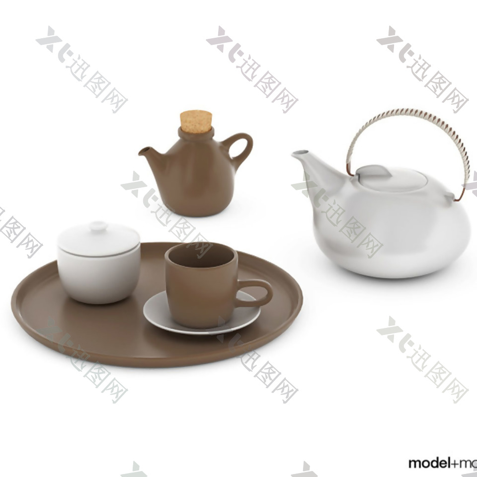 白色咖色茶具套装模型
