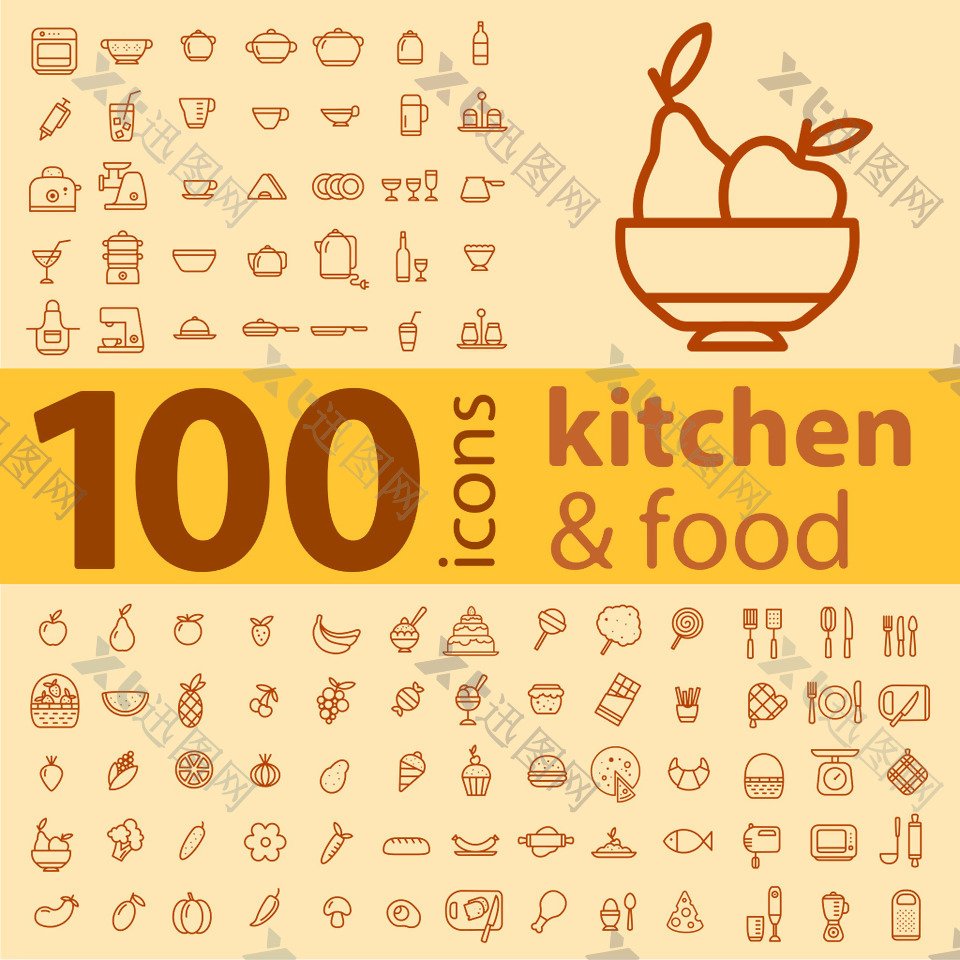 100个厨房标识的线性图标集
