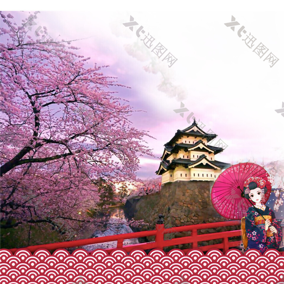 紫粉色浪漫樱花日本旅游装饰元素