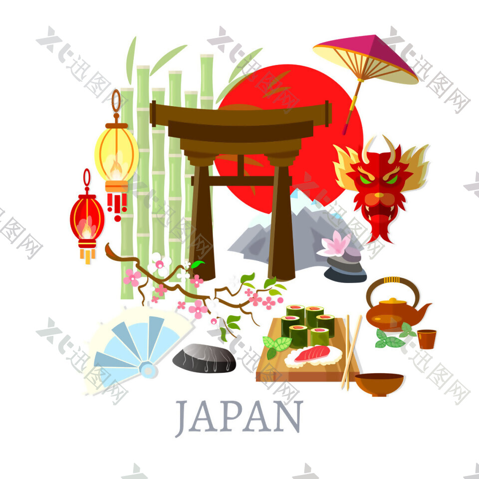 清新手绘食物日本旅游装饰元素