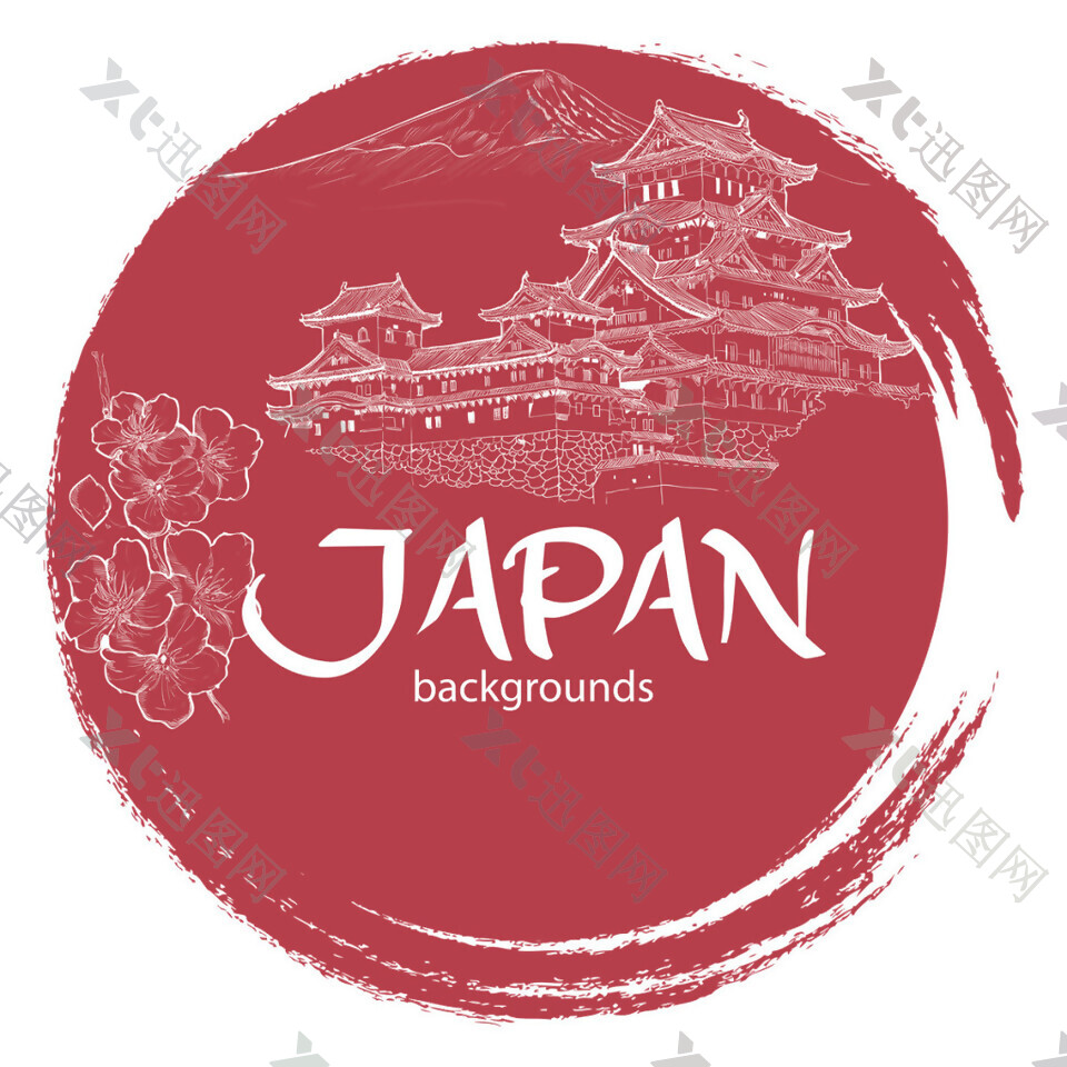 时尚暗红色圆圈日本旅游装饰元素