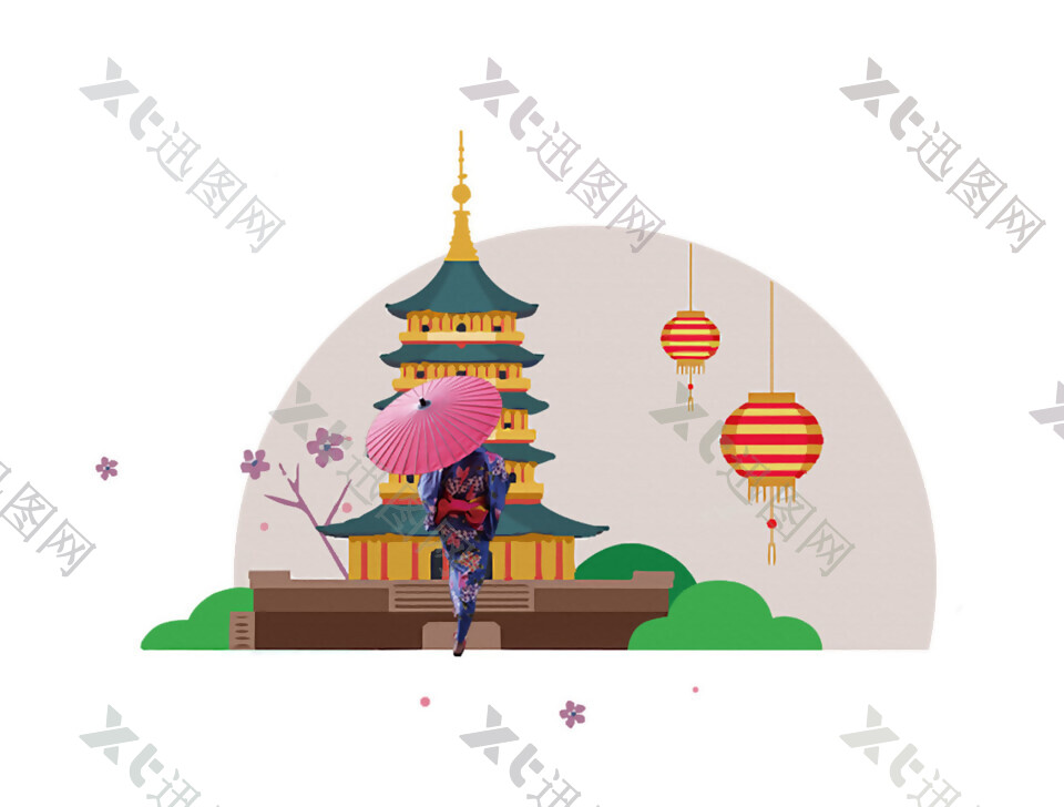 清新紫色底纹日本旅游装饰元素