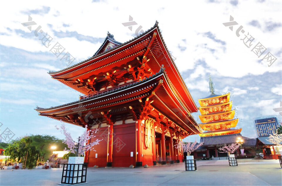 清新红色楼塔日本旅游装饰元素