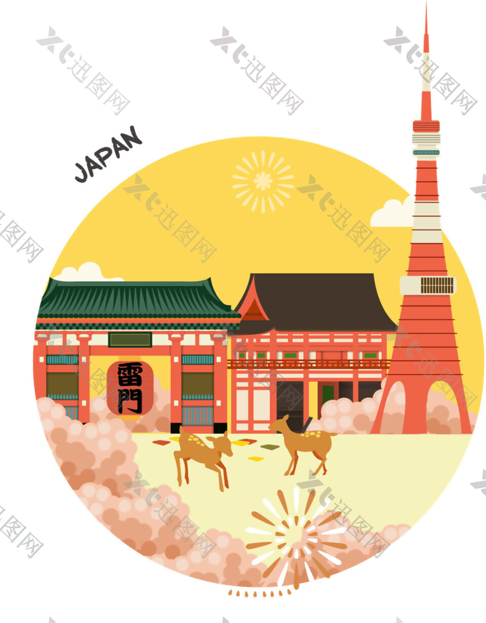 清新黄色圆形日本旅游装饰元素