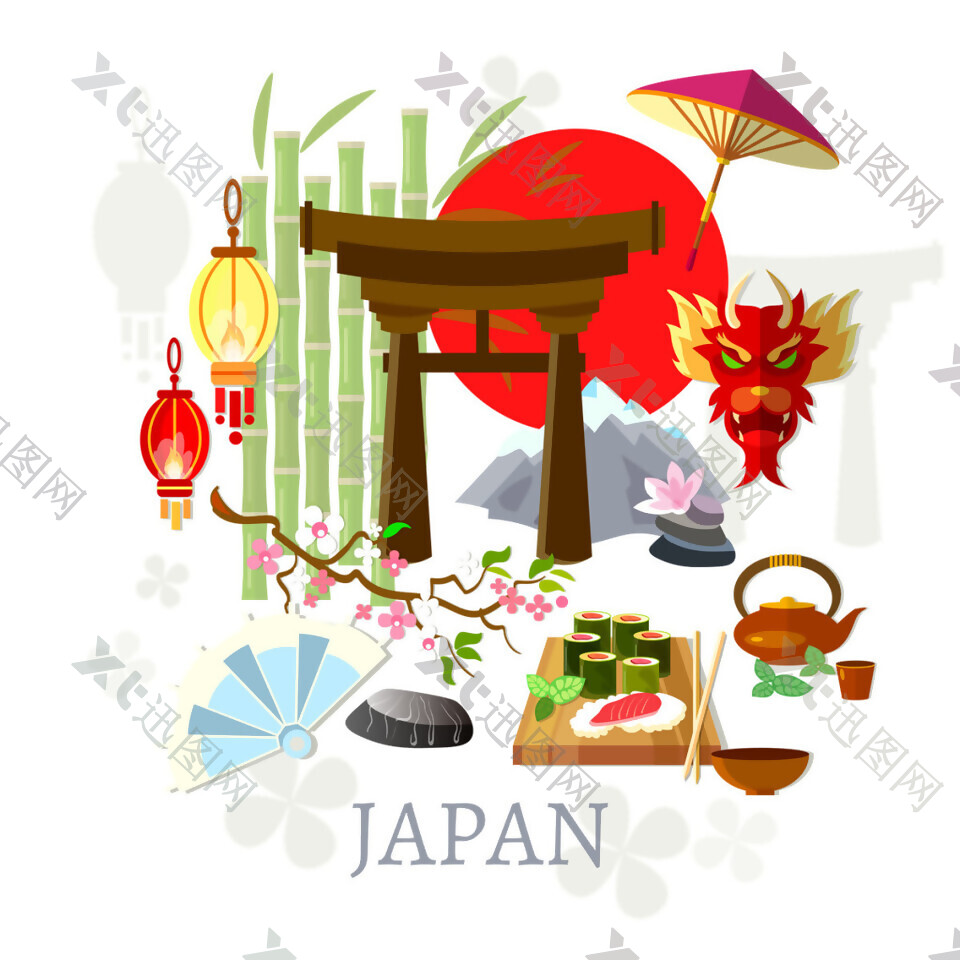 清新彩色手绘寿司日本旅游装饰元素