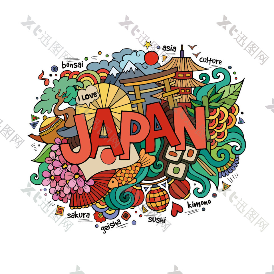 清新彩色手绘日本旅游装饰元素