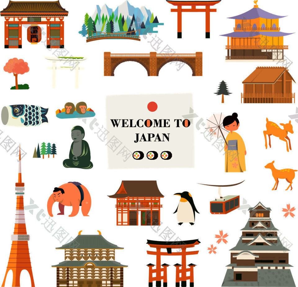 清新橙色调图标日本旅游装饰元素
