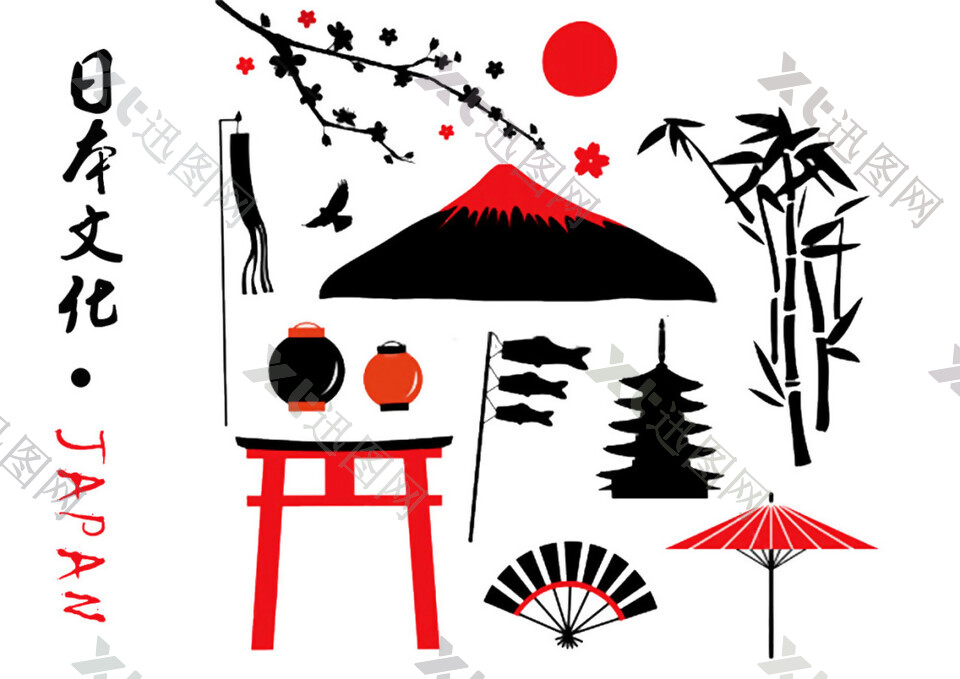 婉约黑红色调日本旅游装饰元素