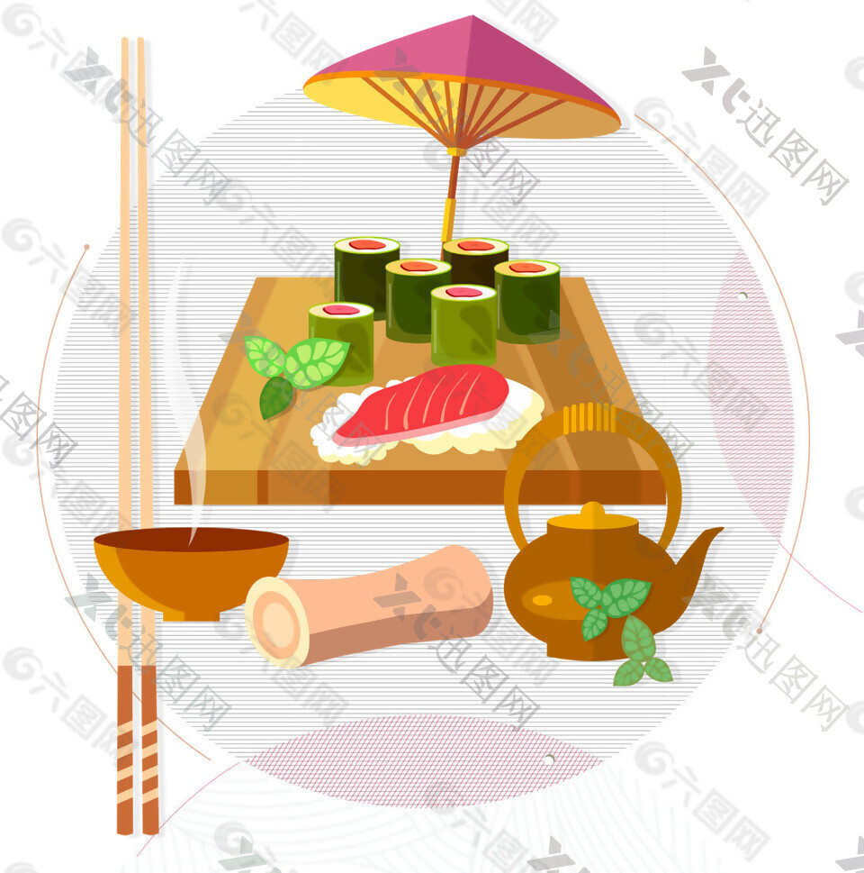 清新手绘日式刺身料理美食装饰元素