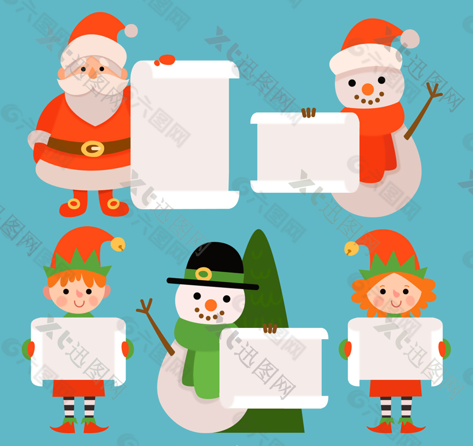 5款卡通举白纸板的圣诞角色矢量图