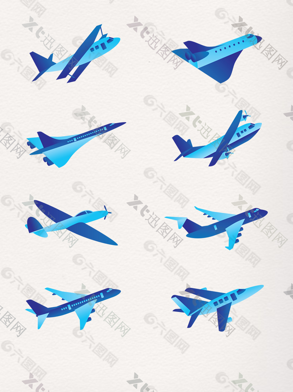 一组蓝色卡通客机图案
