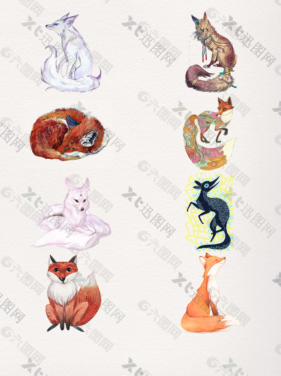 彩色手绘狐狸装饰图案