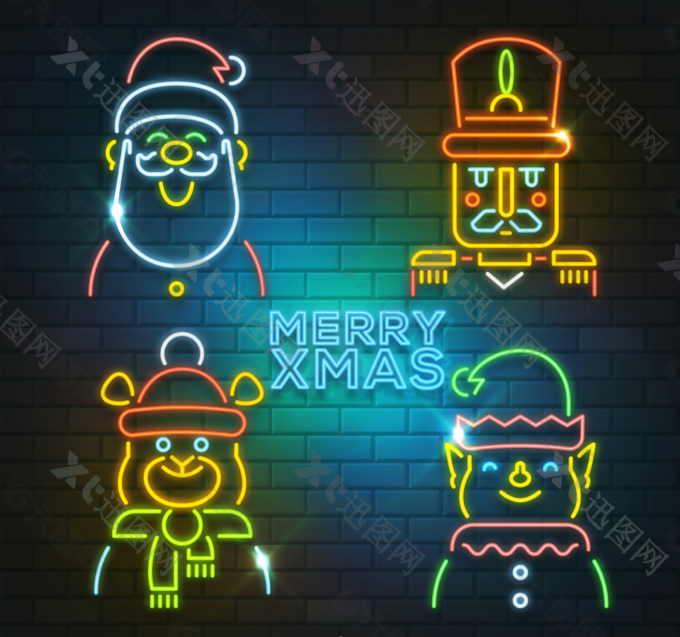 4款彩色圣诞角色霓虹灯矢量素材