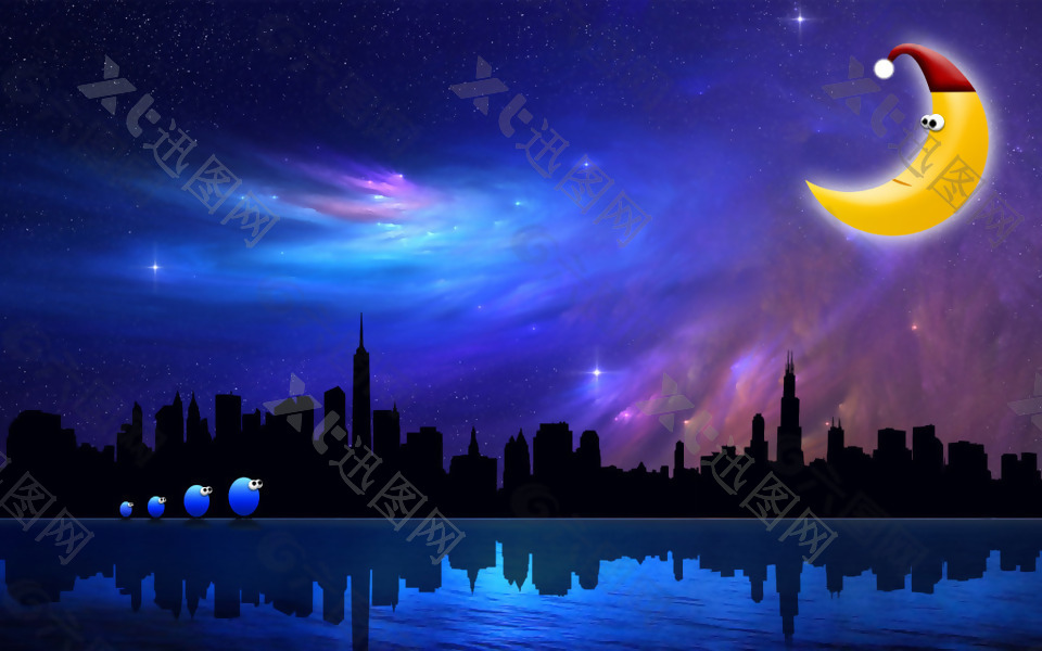桌面壁纸蓝色天空星空夜景卡通可爱