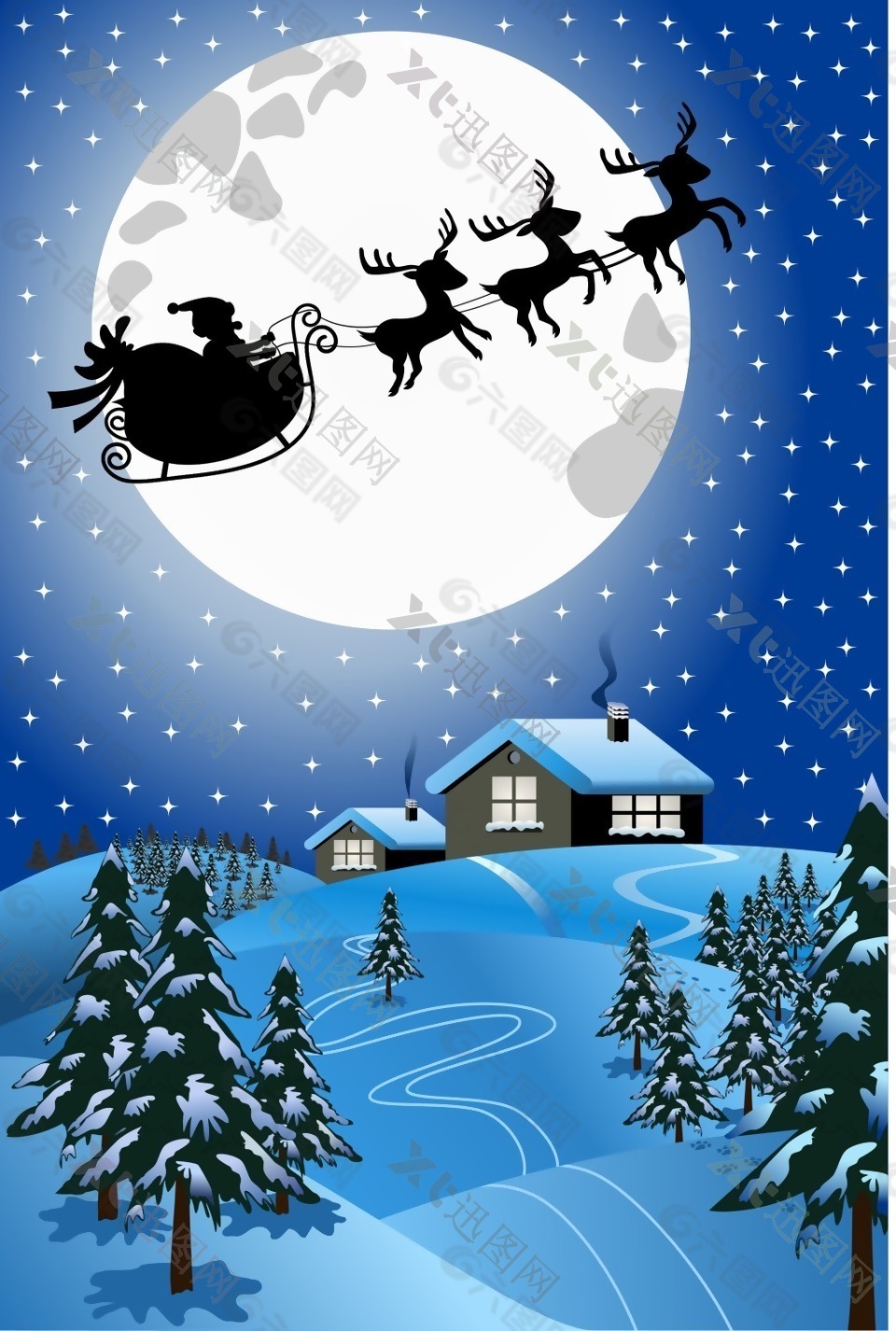 月亮前的圣诞老人和驯鹿插画