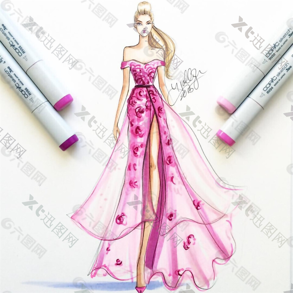 粉色抹胸开叉长裙礼服设计图