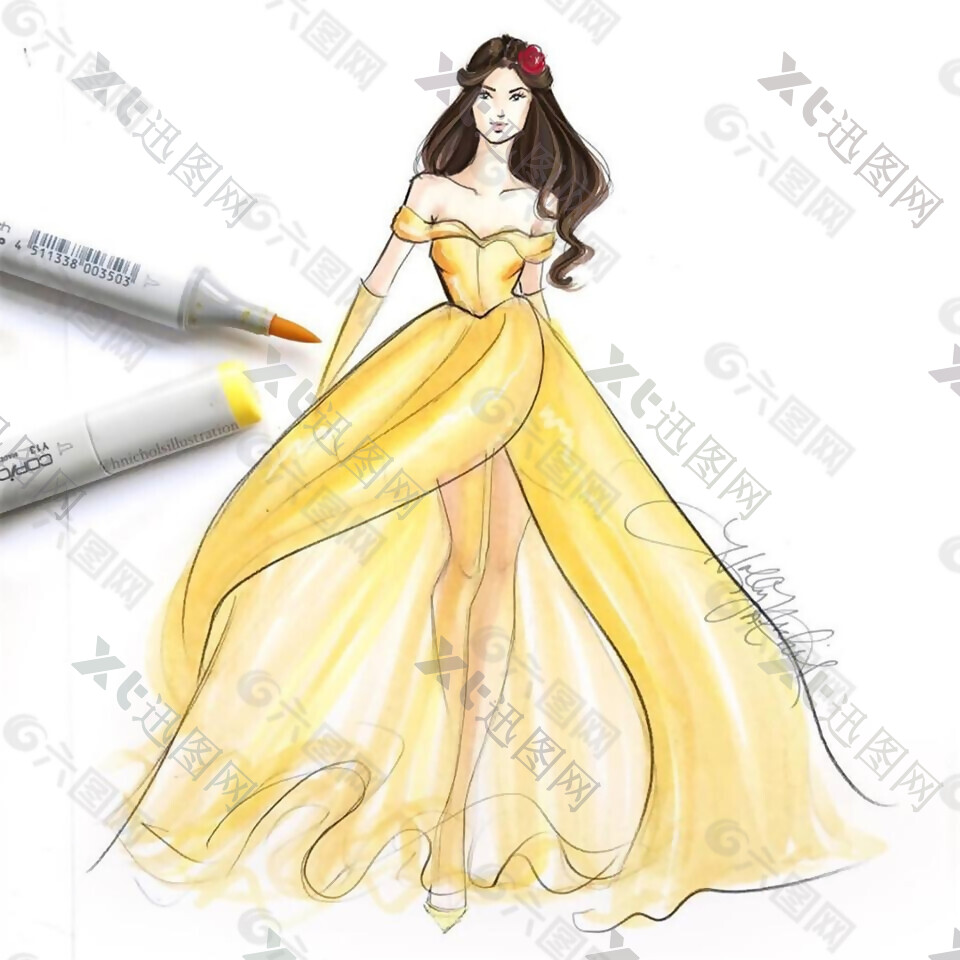 黄色抹胸纱裙设计图