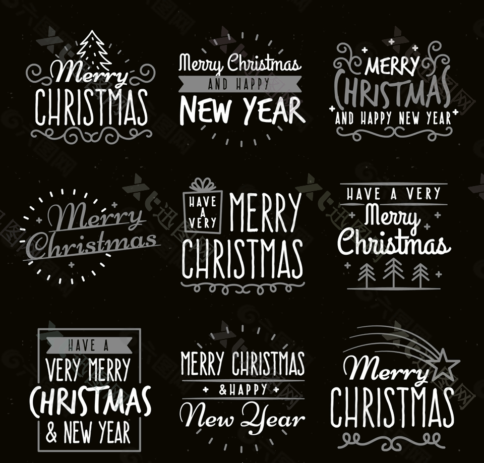 9款白色圣诞和新年快乐艺术字矢量