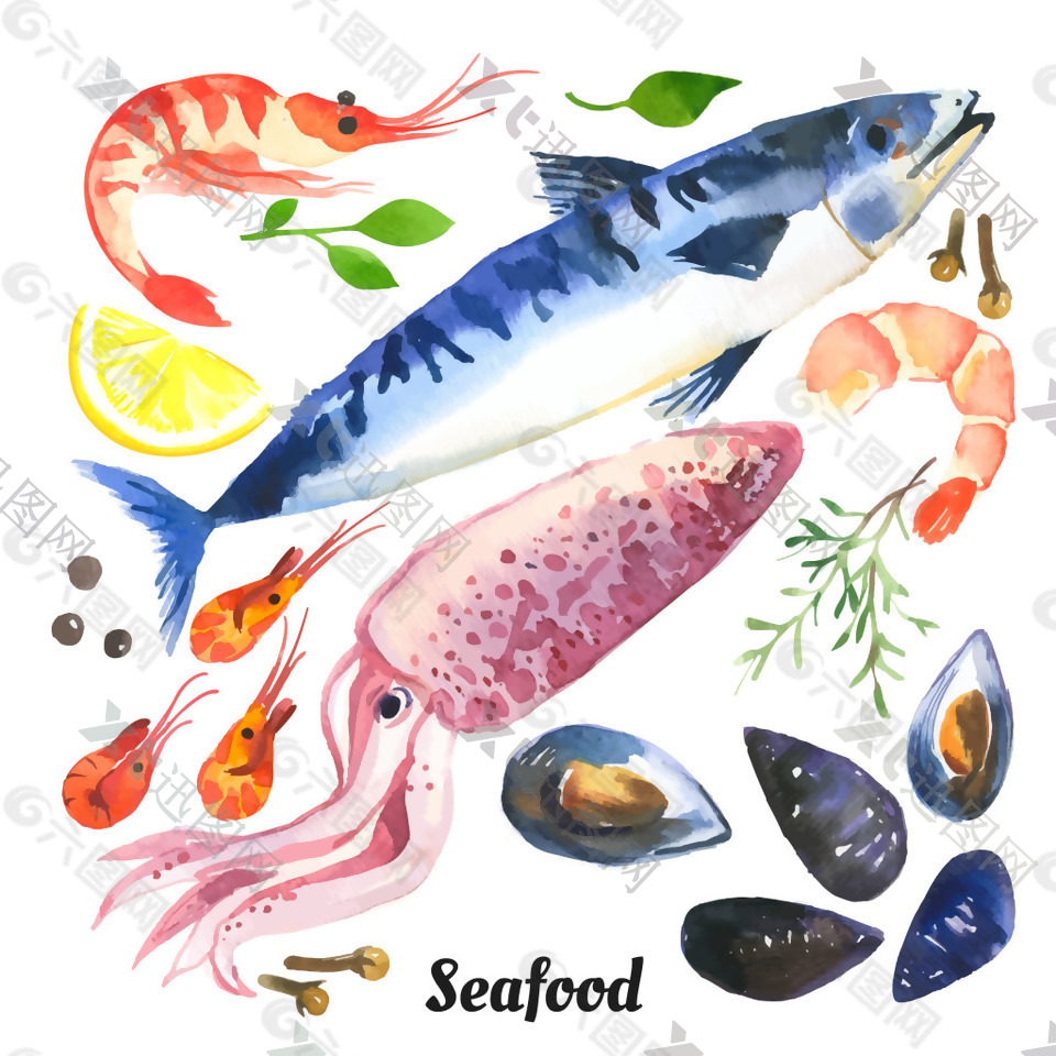 水彩绘海鲜食材插画