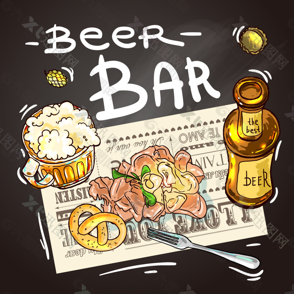 手绘卡通快餐和啤酒插画