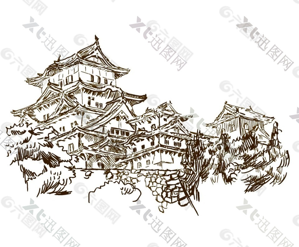 卡通素描古式建筑png元素