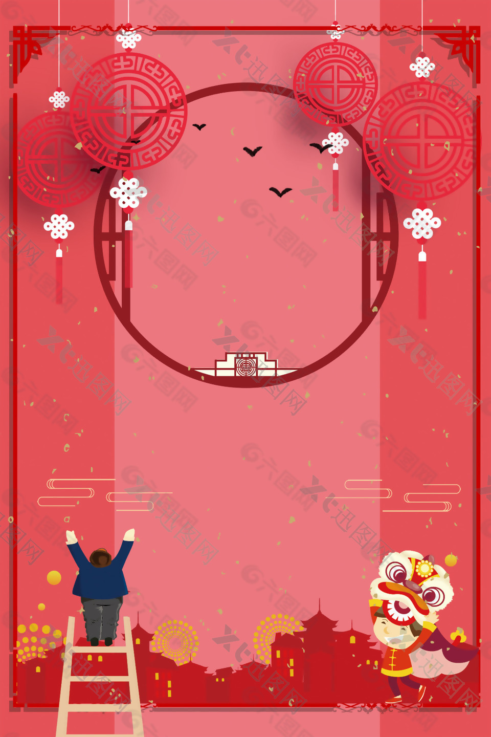 红色中国年舞狮子广告背景