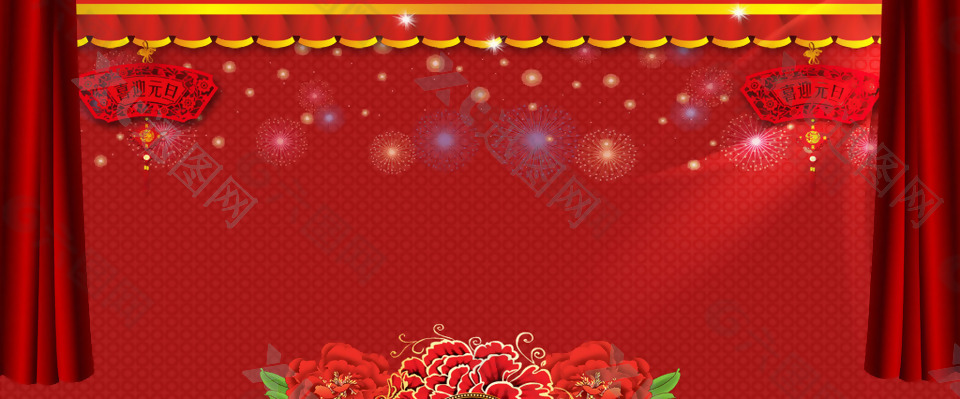 红色舞台鲜花banner背景