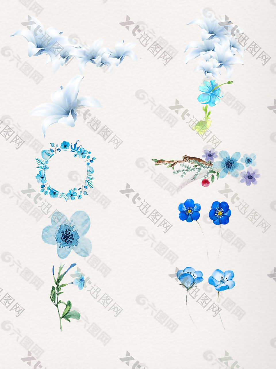 水彩花卉矢量素材蓝色风格
