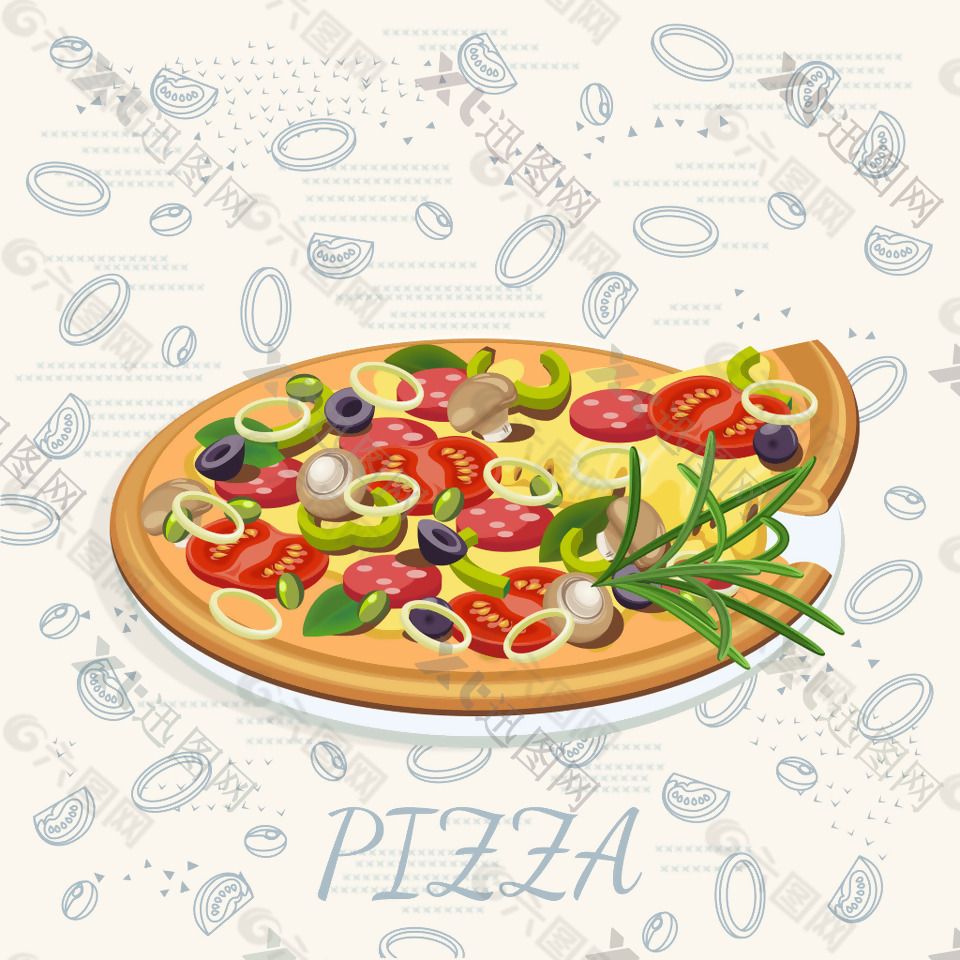 时尚美味的披萨快餐插画