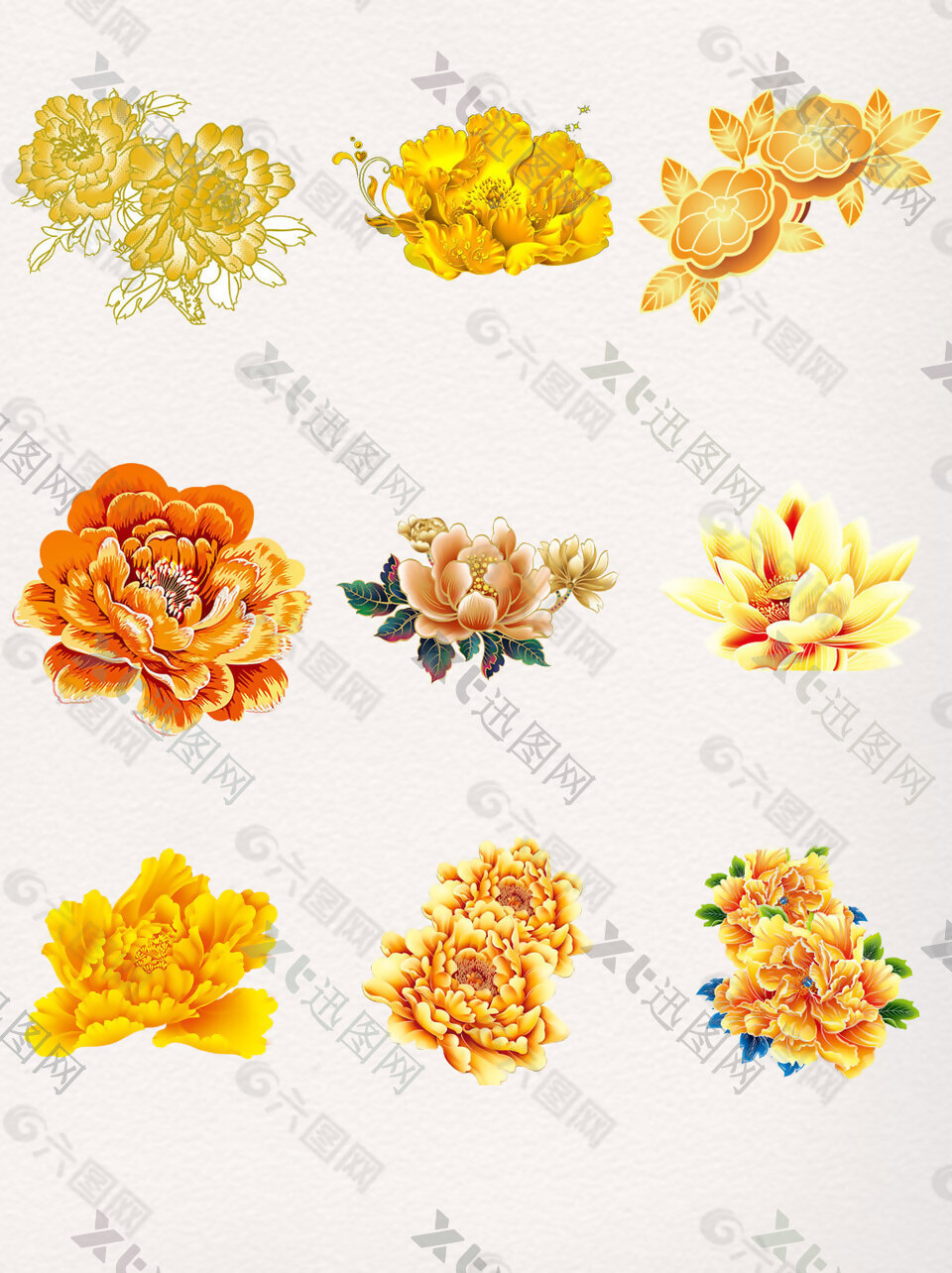 中国风金色花纹牡丹花装饰元素