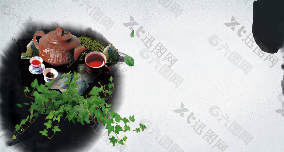 清新绿色植物茶壶背景